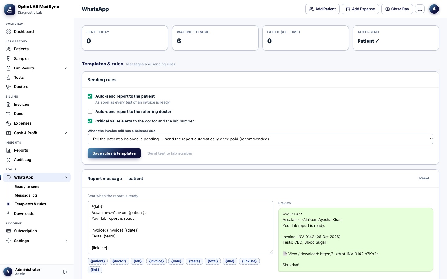 WhatsApp Center settings with auto-send rules, critical value alerts and an editable report message with live preview