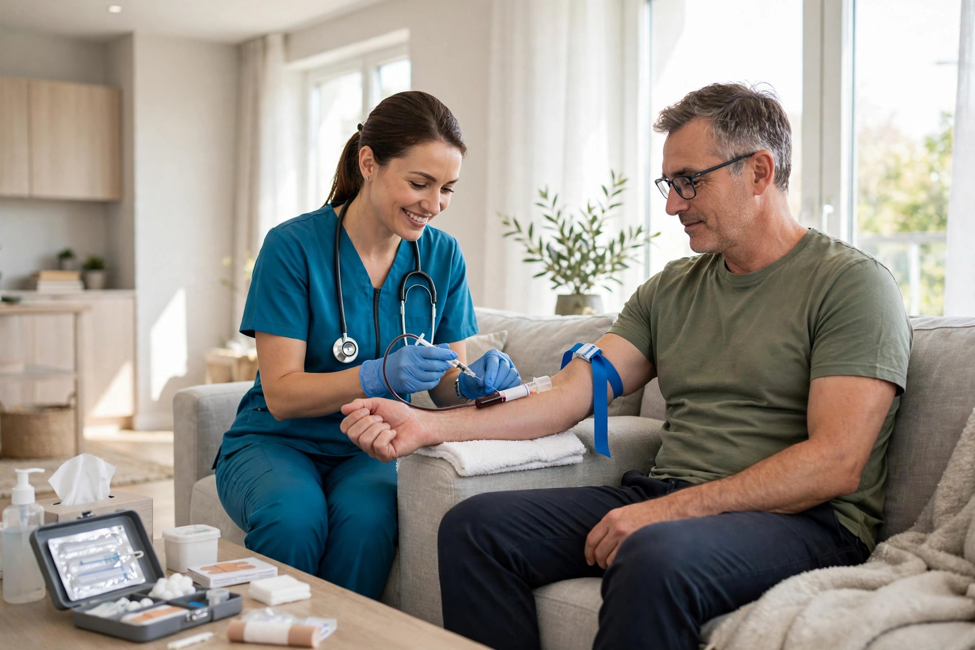 Phlebotomist drawing blood at home