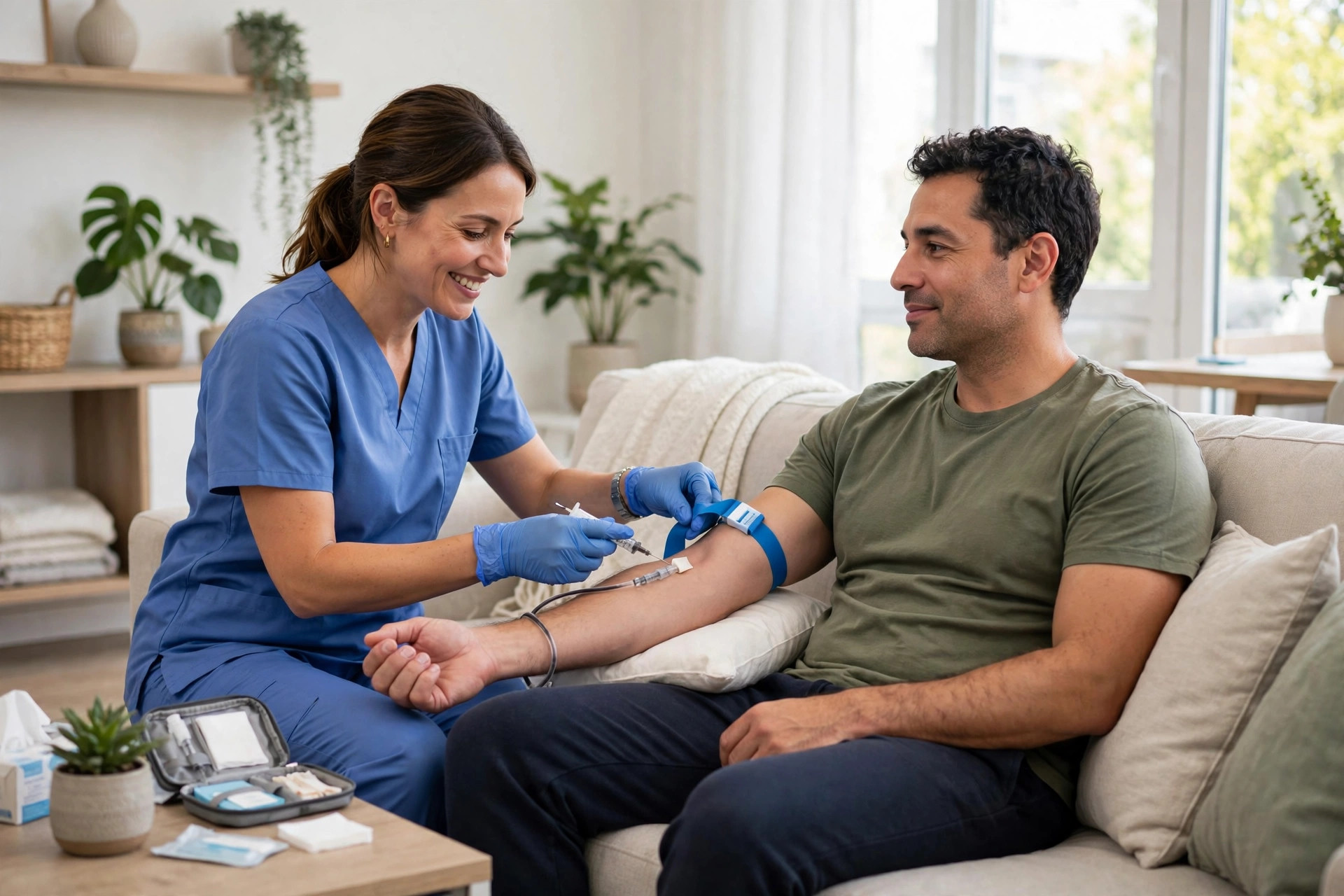 Phlebotomist performing a home blood draw